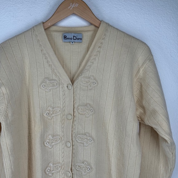 Pomo Doro Womens Cream Ribbed Cardigan Button Pearl Beaded Size M Wool Country - Picture 5 of 7